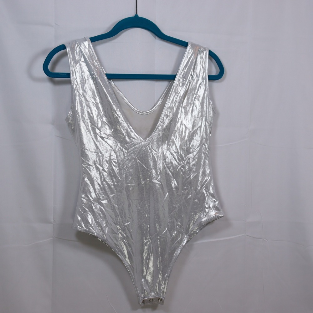 May & Maya Metallic Bodysuit L Silver Women V-Neck Sleeveless Rave Party